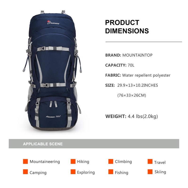 MOUNTAINTOP 70L Internal Frame Backpack Camping Backpacking Hiking Backpack for Men Women with Rain Cover,Sapphire Blue - Image 3